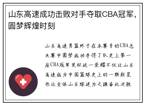 山东高速成功击败对手夺取CBA冠军，圆梦辉煌时刻
