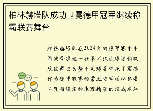 柏林赫塔队成功卫冕德甲冠军继续称霸联赛舞台