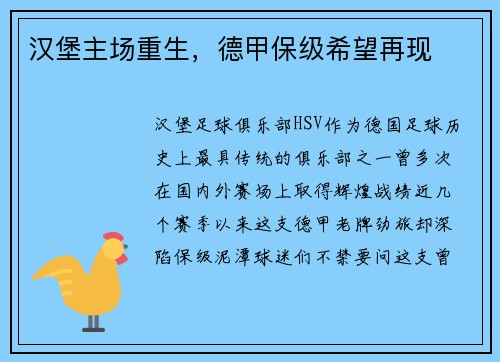 汉堡主场重生，德甲保级希望再现